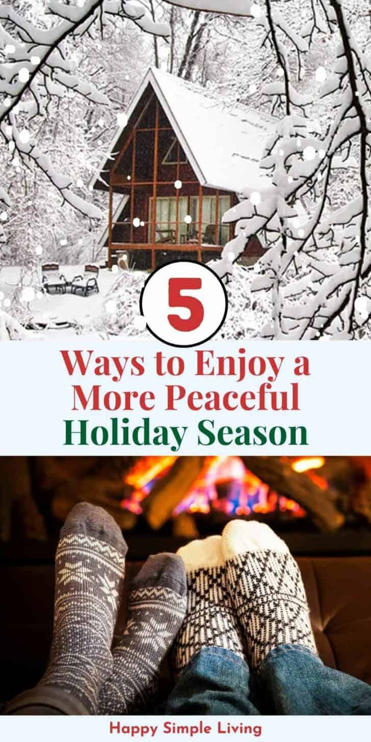 A cozy cabin in the woods with snow falling, and two people with socks on in front of a fireplace.