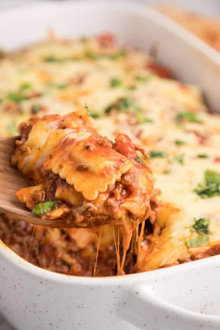 Ravioli Casserole in a white serving dish.