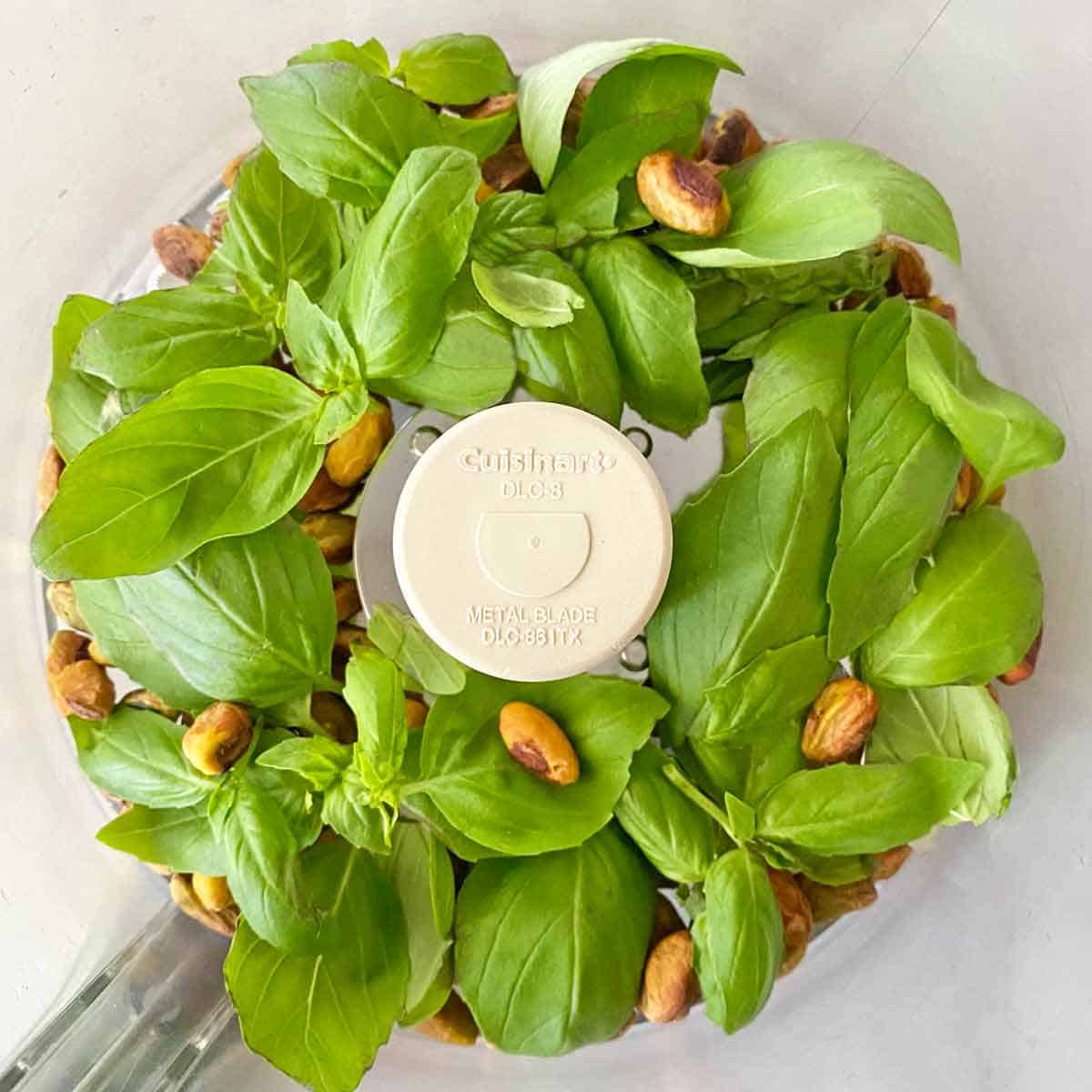 Fresh basil leaves and pistachio nuts in a food processor bowl.