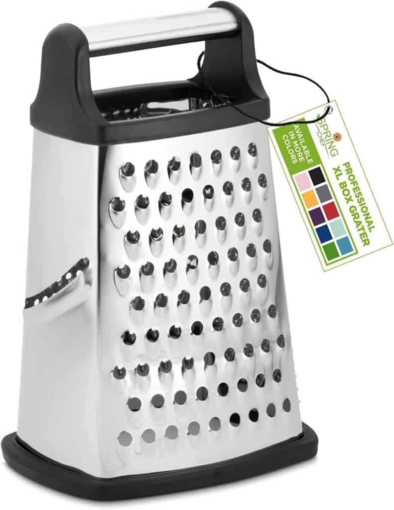 A black and stainless steel box grater.