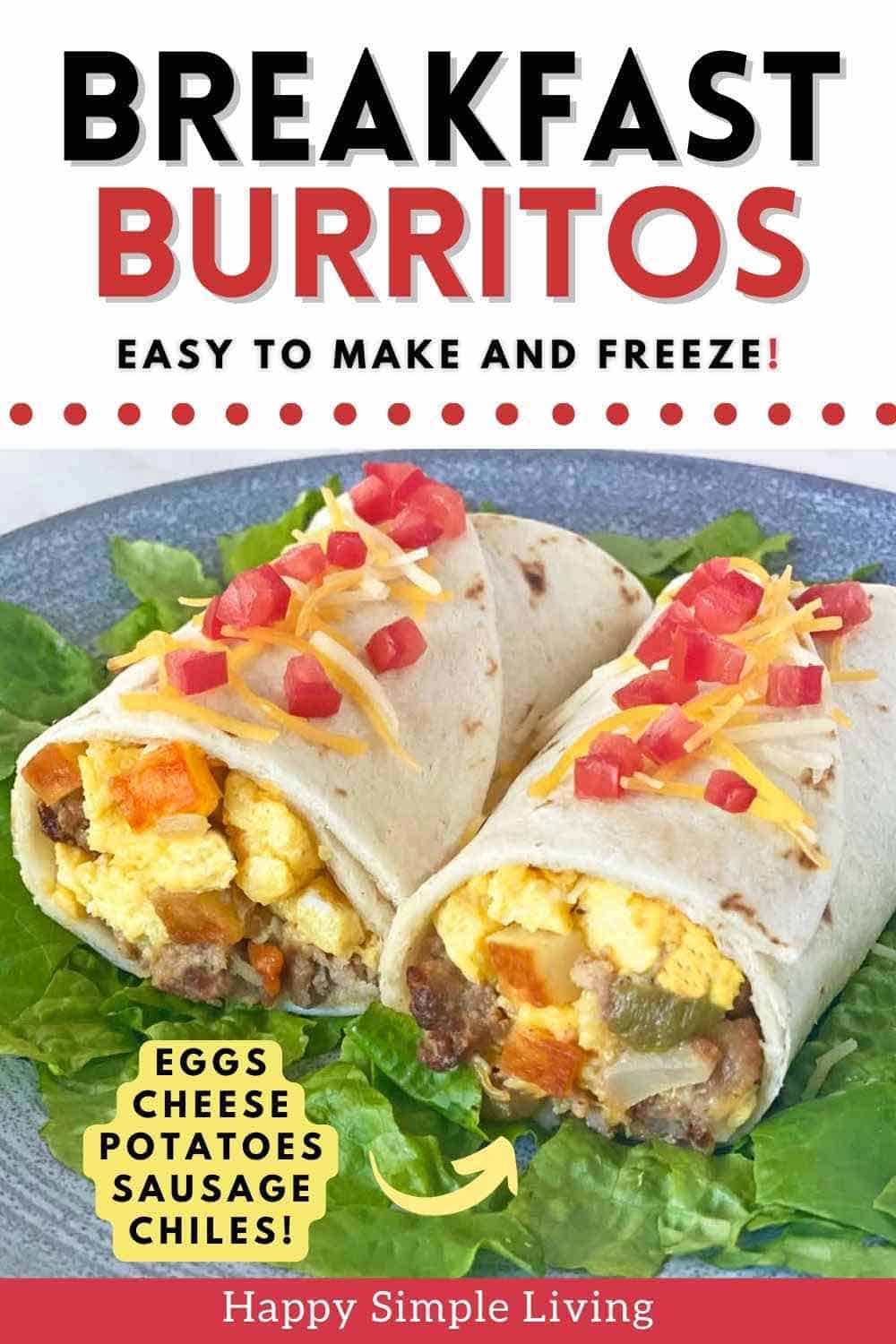 A breakfast burrito with potatoes, eggs and cheese cut in half and served on a bed of lettuce.