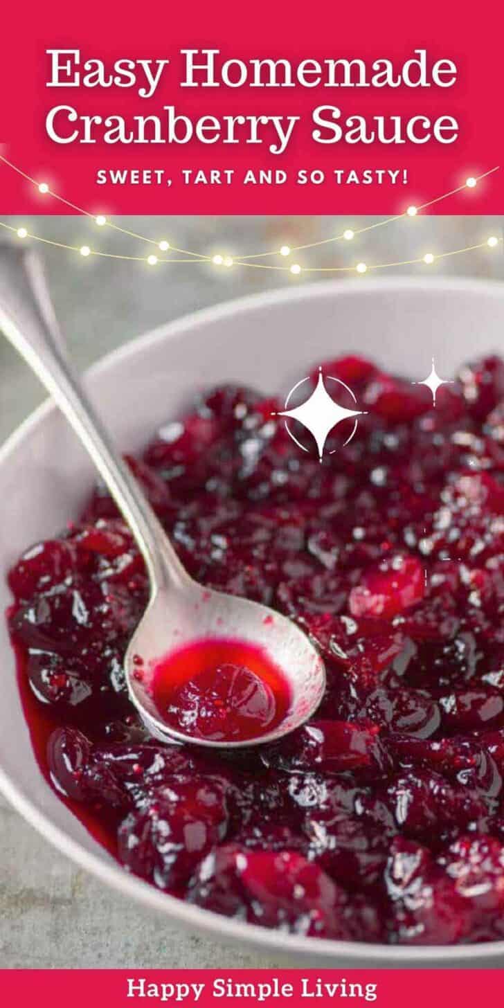 A white bowl filled with homemade cranberry sauce and a silver serving spoon.