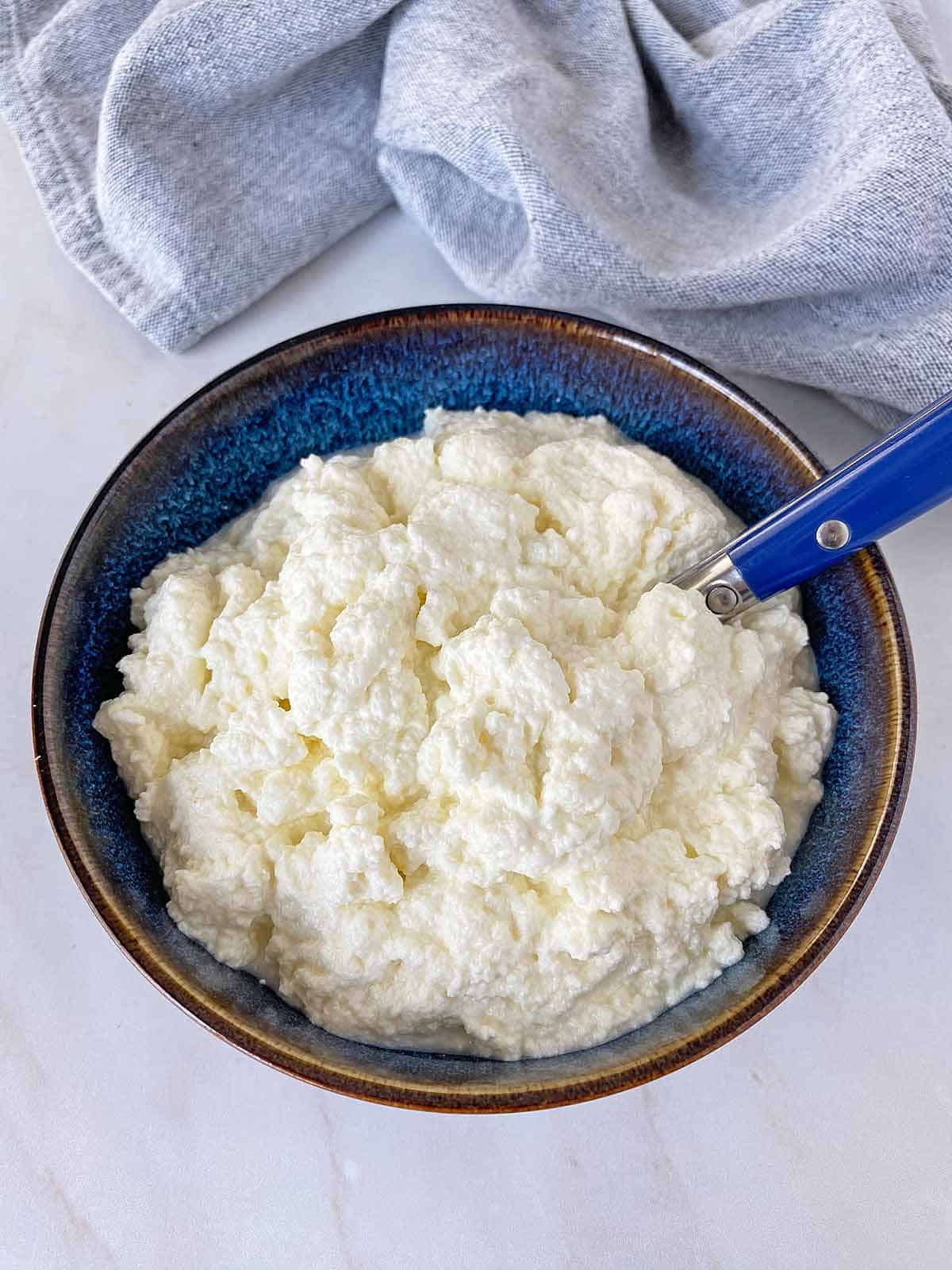 A bowl of freshly made ricotta cheese ready for spreading or using in a recipe.