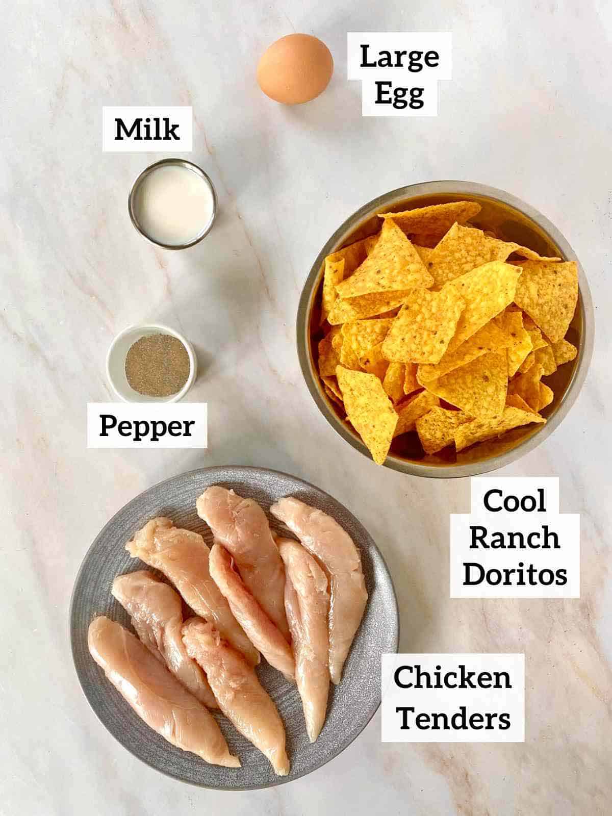 Egg, milk, pepper, Doritos and chicken tenders.