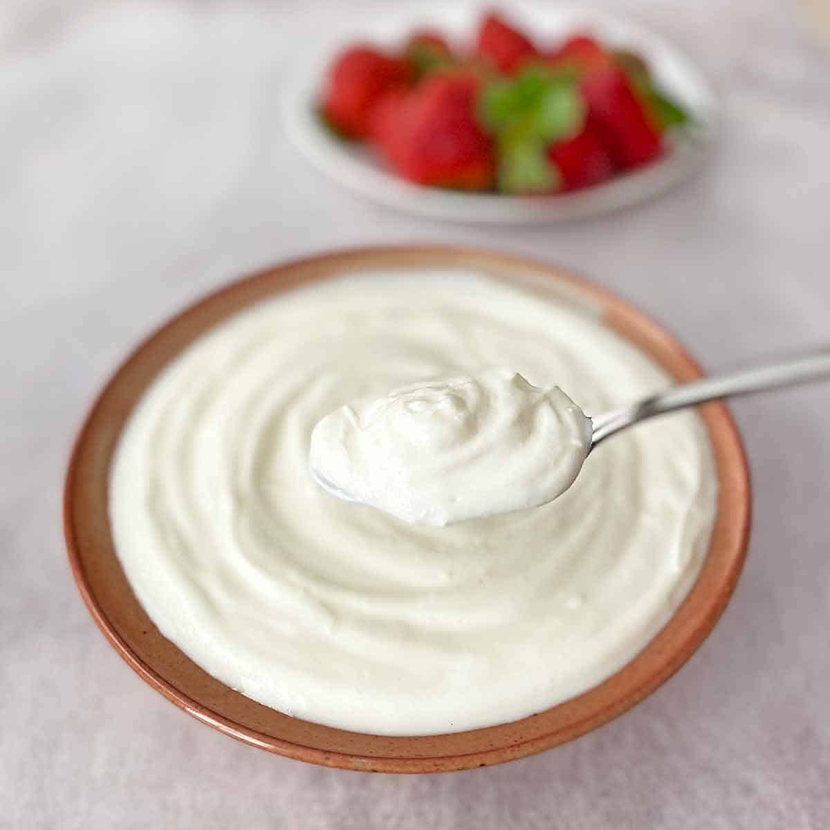 Finished Greek yogurt in a serving bowl with a spoon.