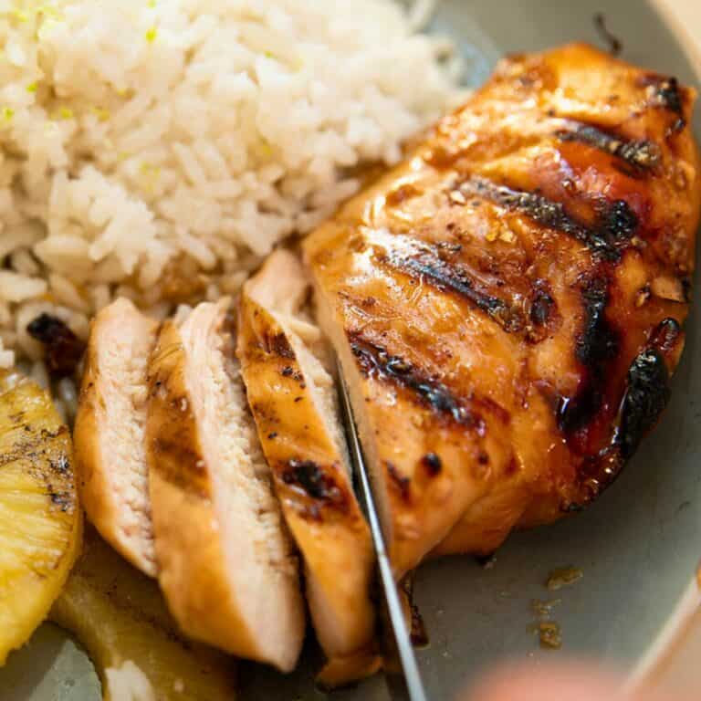 Hawaiian grilled chicken breast with rice.