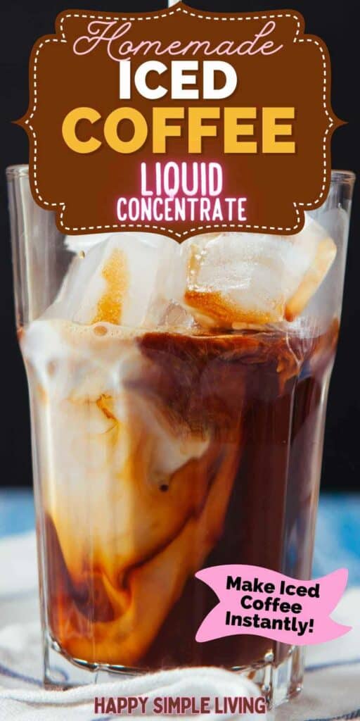 A glass filled with ice, milk, and coffee concentrate.