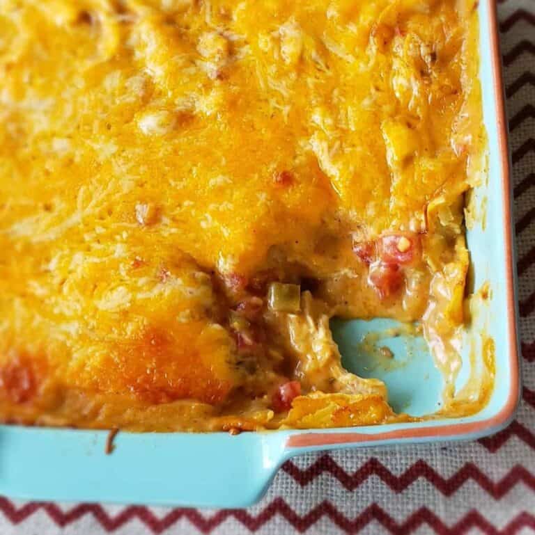 King Ranch Casserole in a ceramic baking dish.