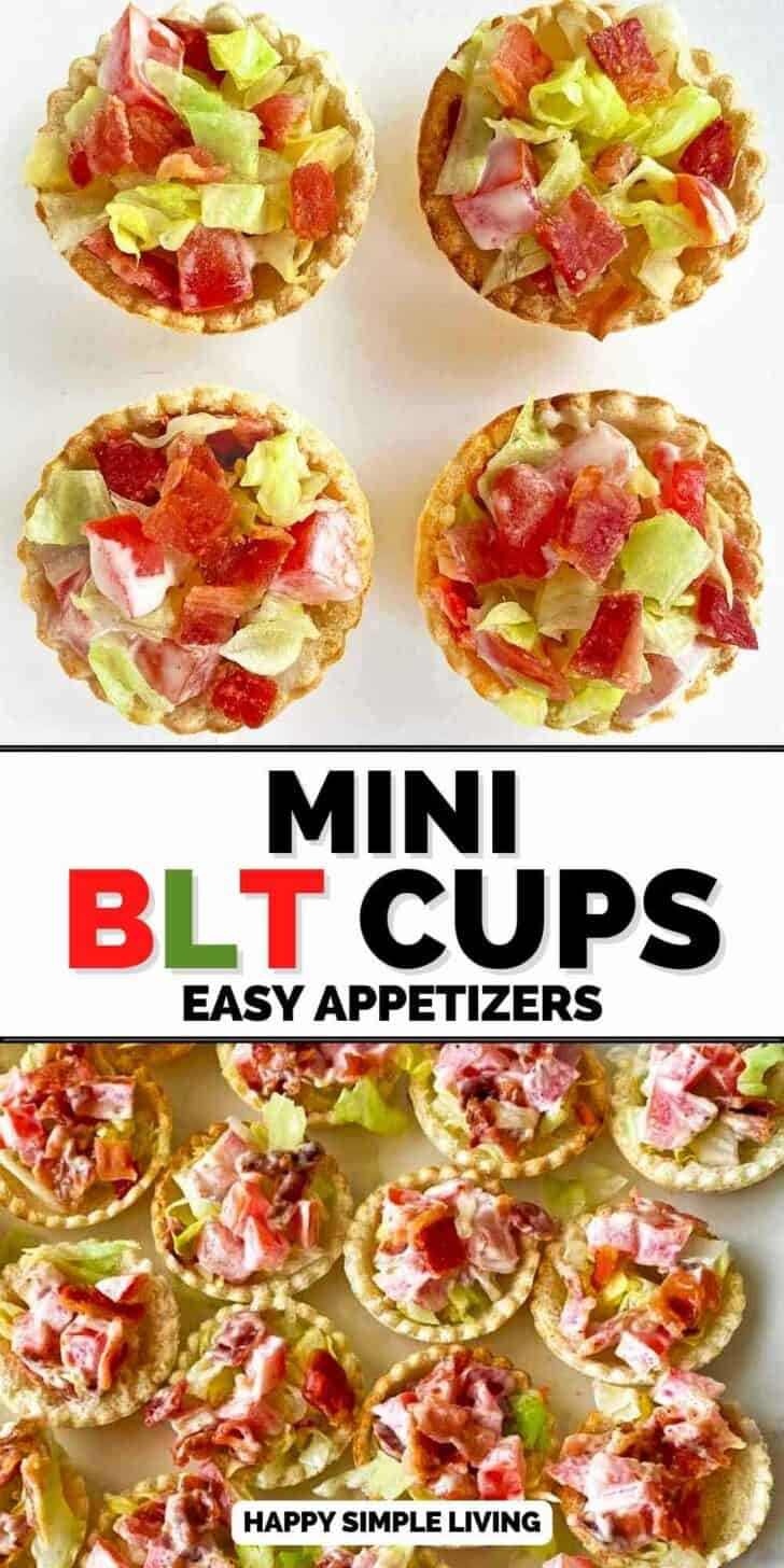 Four close up mini blt cups and a tray of the appetizers ready for serving.