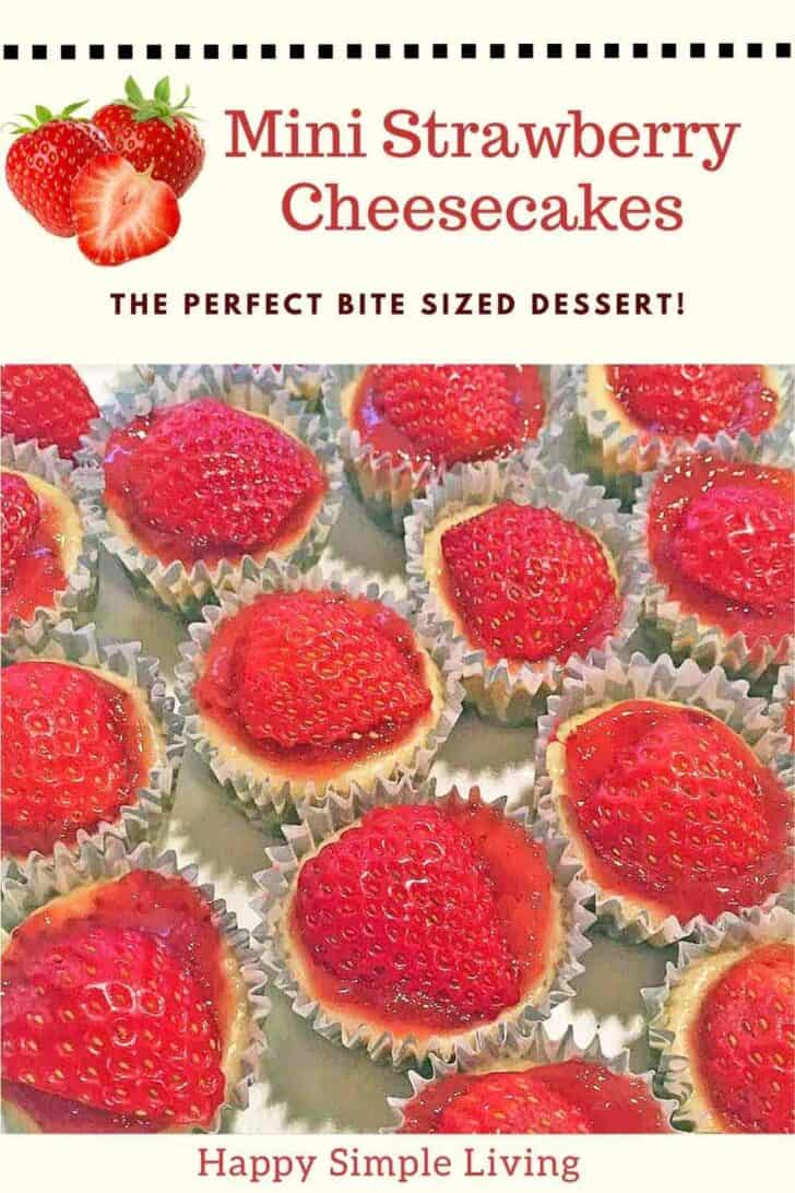 Four rows of mini strawberry cheesecakes.