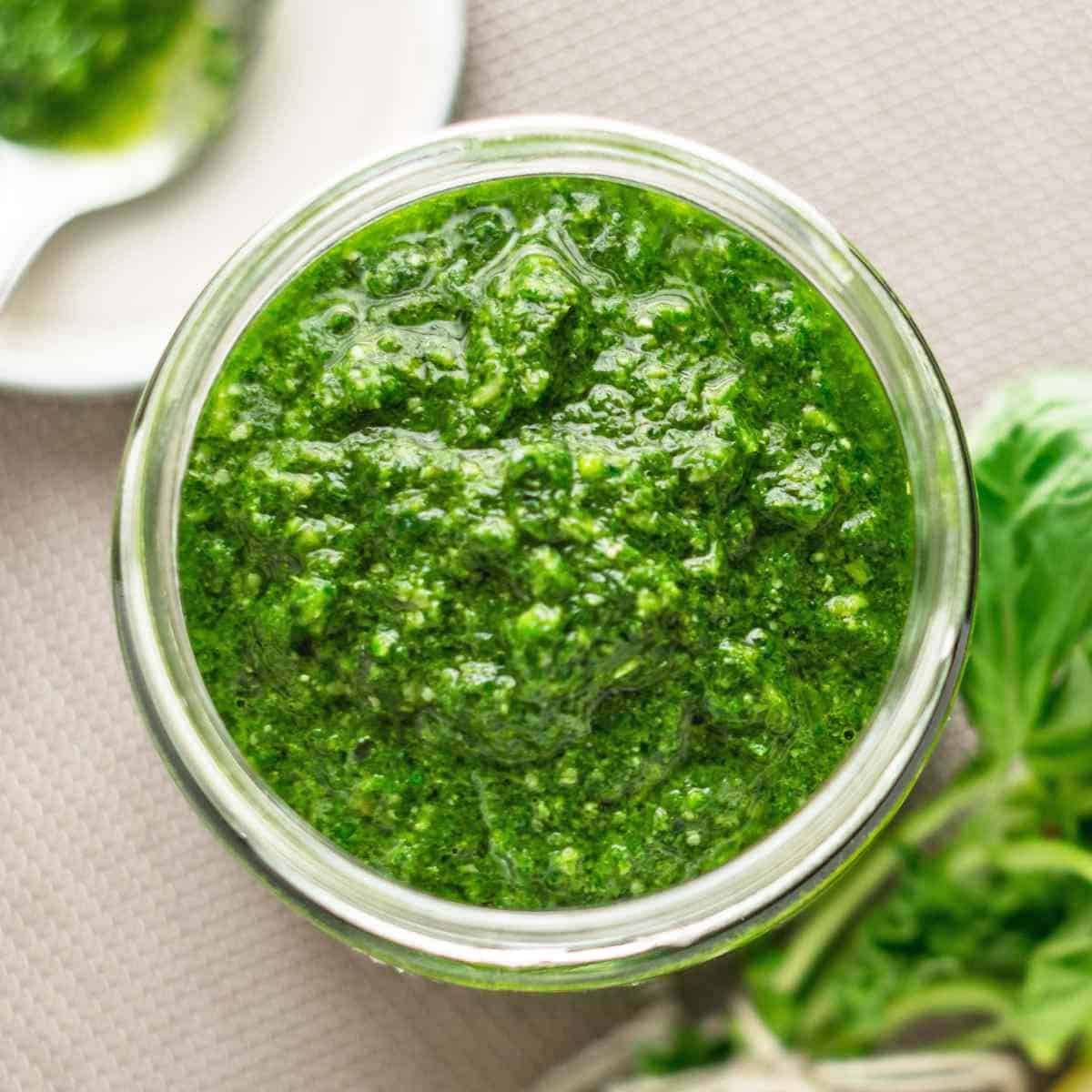 Mint Pesto in a glass bowl.