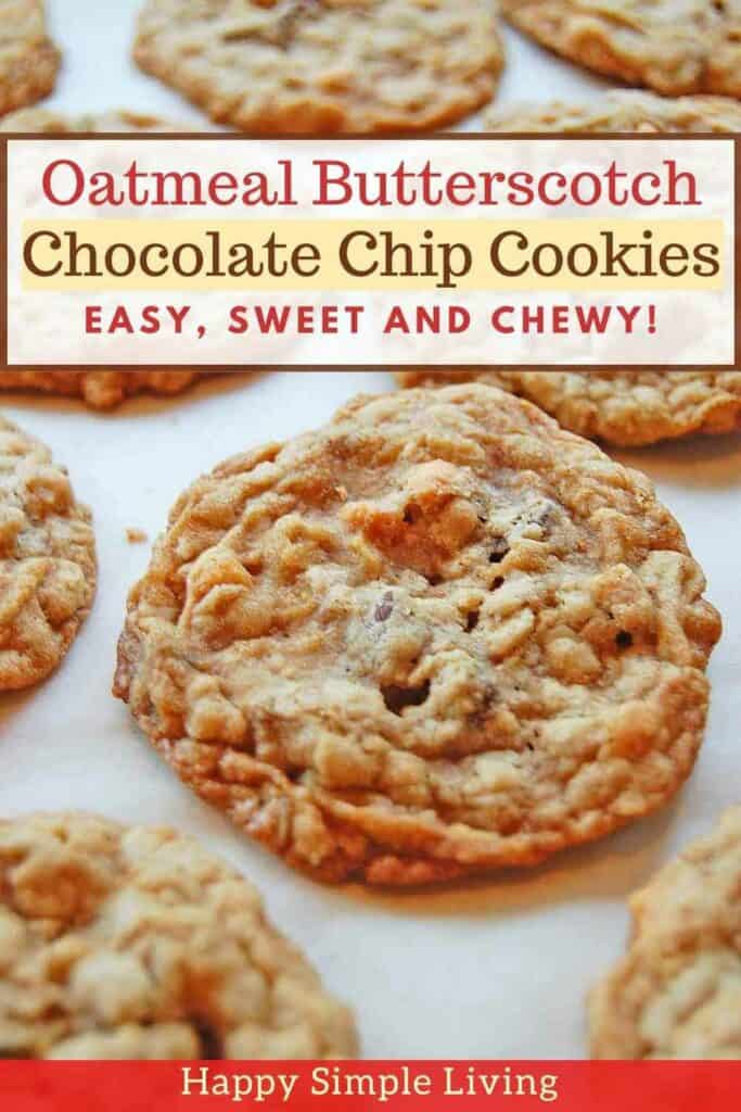 Close up of oatmeal butterscotch chocolate chip cookies on baking sheet.