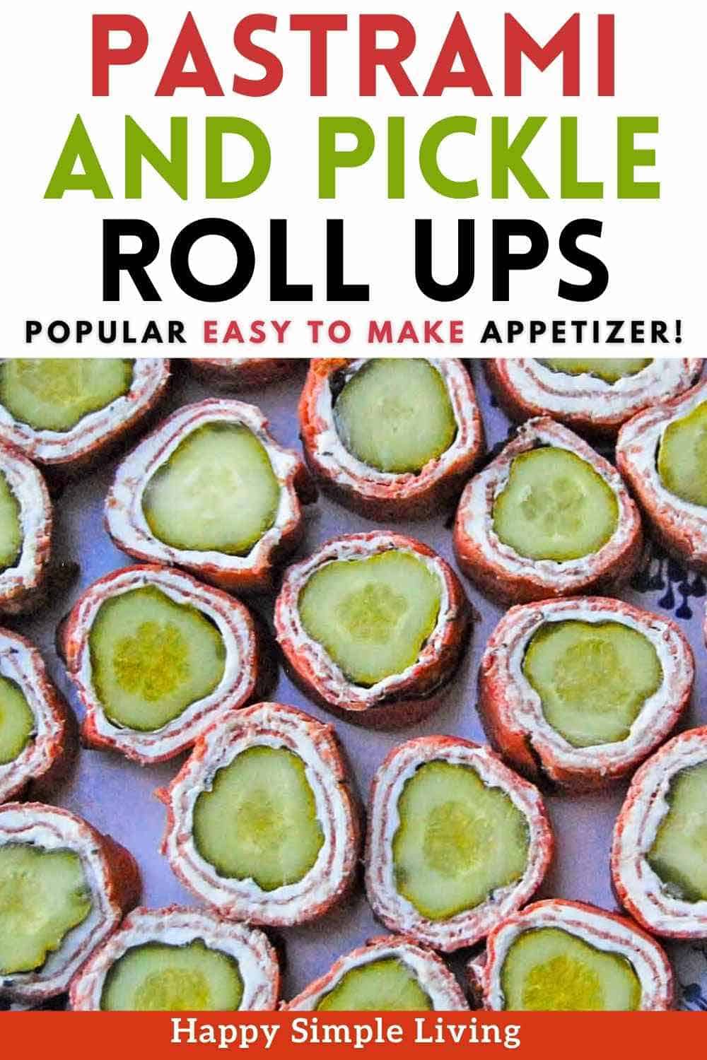 A plate of pastrami pickle roll ups appetizers.