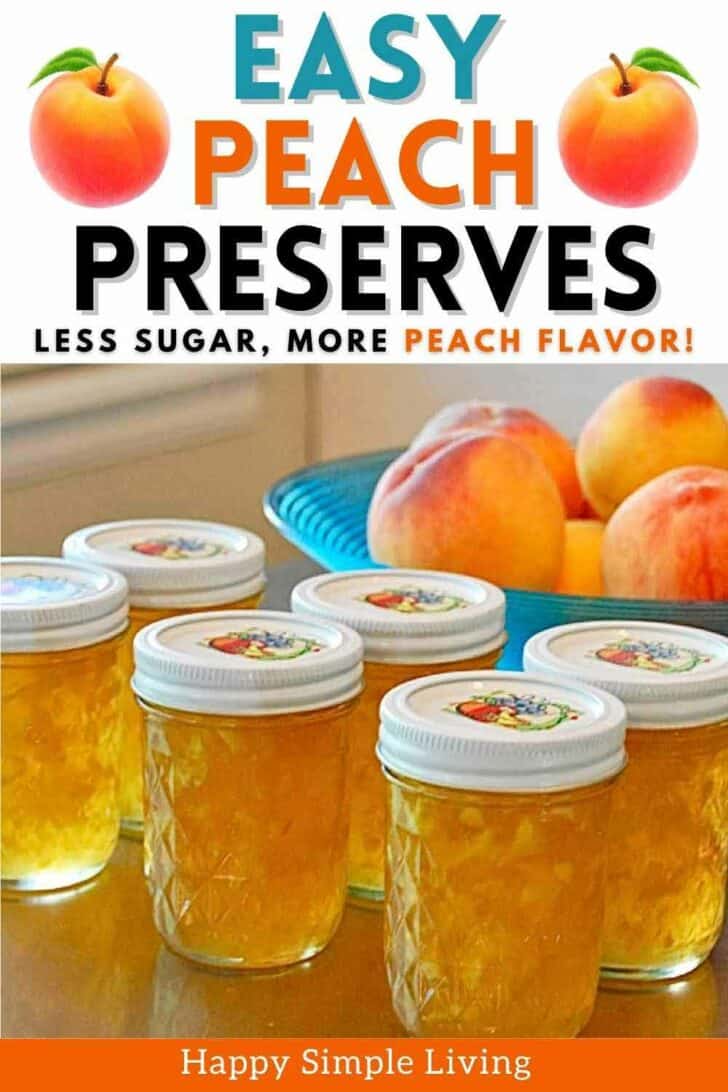 Six jars of peach preserves and fresh peaches in a blue bowl.