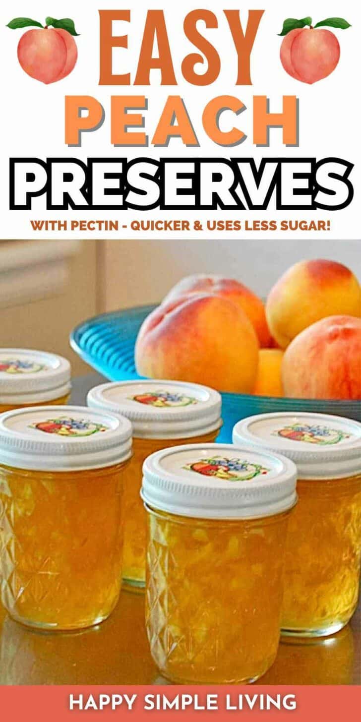 Five jars of peach jam with a bowl of fresh peaches.