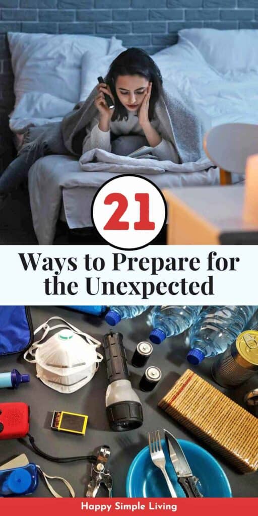 A woman reading by flashlight, and emergency preparedness supplies.