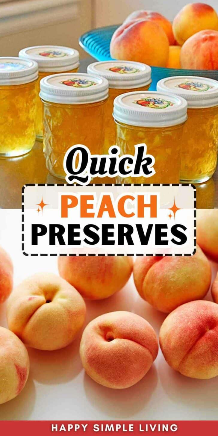 Six jars of peach jam, fresh peaches in a blue bowl, and peaches ready for cutting to make preserves.