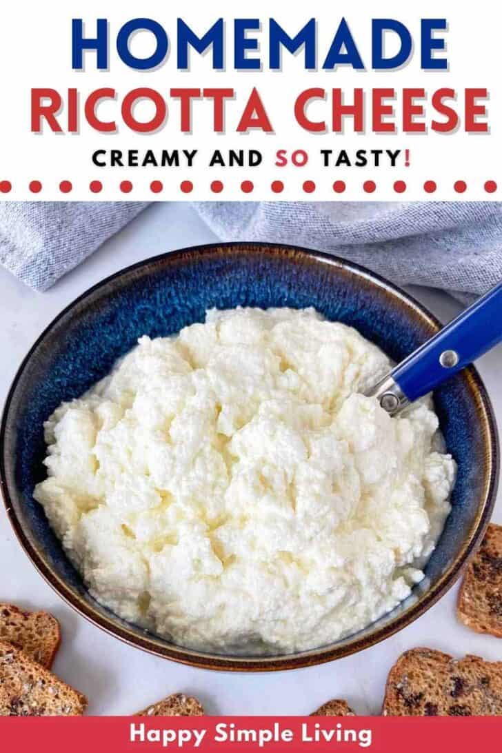 A bowl of homemade ricotta cheese with crackers and a spreading knife.