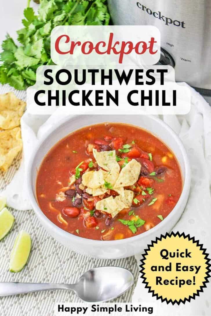 A stainless steel slow cooker and a bowl of southwest chicken chili with lime wedges.