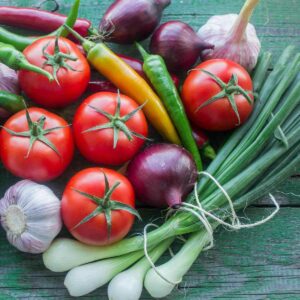 Home grown organic tomatoes, scallions, garlic and other vegetables.