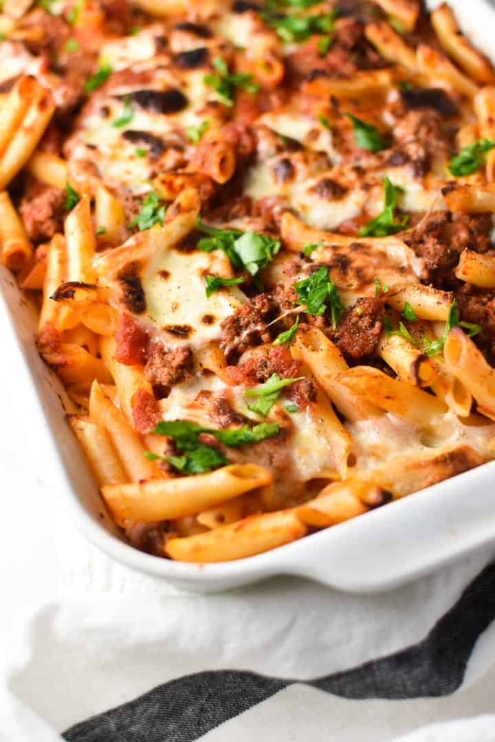 Lasagna bake pasta in a white serving dish.